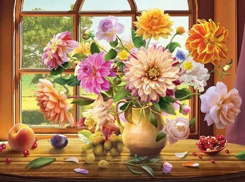 Haft Diamentowy Kwiaty W Wazonie Okno Diamond Painting Mozaika Zestaw