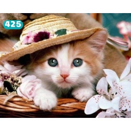 HAFT DIAMENTOWY KOT KOTEK W KAPELUSZU KWIATY 5D