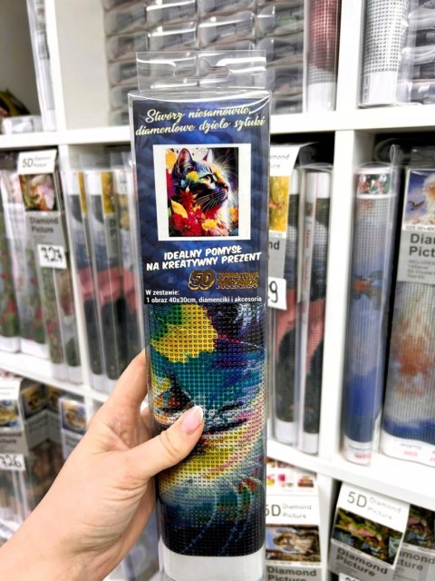 Haft Diamentowy Kotek Kwiaty Mozaika Diamond Paiting Zestaw Zwierzęta