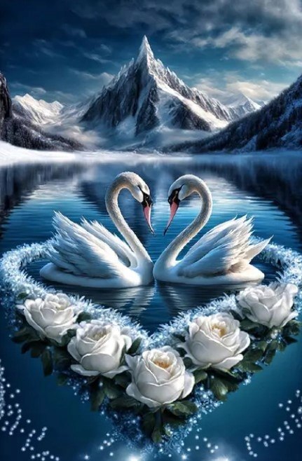Haft Diamentowy Łabędzie Róże Góry Krajobraz Diamond Paiting Mozaika Zestaw