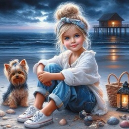Haft Diamentowy Pies York Dziewczynka Plaża Mozaika Diamond Painting Zestaw