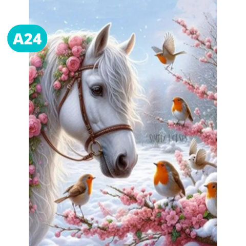 Haft Diamentowy Diamond Painting Mozaika Koń Konie Ptaki Zima Kwiaty