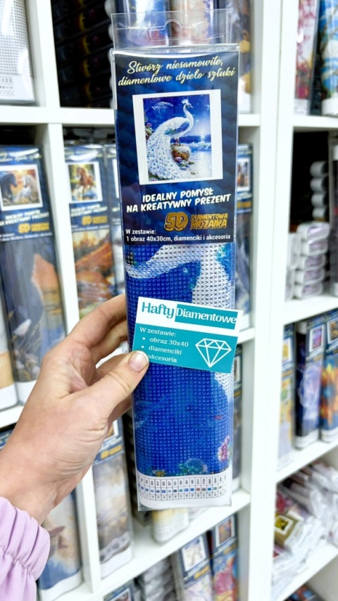 Haft Diamentowy Diamond Painting Mozaika Paw Pawie Biały Plaża Morze