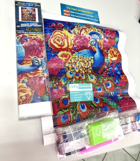 Haft Diamentowy Diamond Painting Paw Pawie Kolorowe Pióra Kwiaty Róże