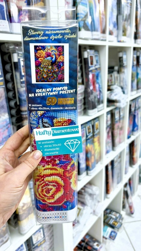 Haft Diamentowy Diamond Painting Paw Pawie Kolorowe Pióra Kwiaty Róże