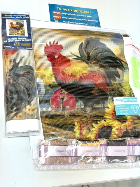 Haft Diamentowy Kogut Kwiaty Słoneczniki Wieś Farma Diamond Painting Mozaika Zestaw