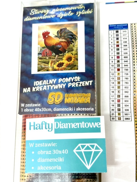 Haft Diamentowy Kogut Kwiaty Słoneczniki Wieś Farma Diamond Painting Mozaika Zestaw