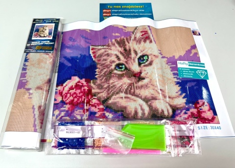 Haft Diamentowy Kotek Kot Kotki Kwiaty Róże Diamond Painting Mozaika