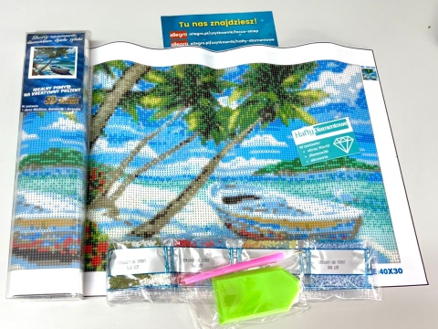 Haft Diamentowy Krajobraz Plaża Łódka Palma Diamond Painting Mozaika Zestaw