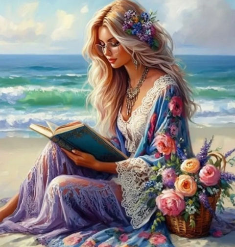 Haft Diamentowy Malowanie Diamentami Diamond Painting Mozaika Kobieta Morze Książka Kwiaty