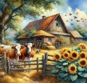 Haft Diamentowy Mozaika Diamond Painting Malowanie Diamentami Farma Wieś Kwiaty Krowa Słoneczniki