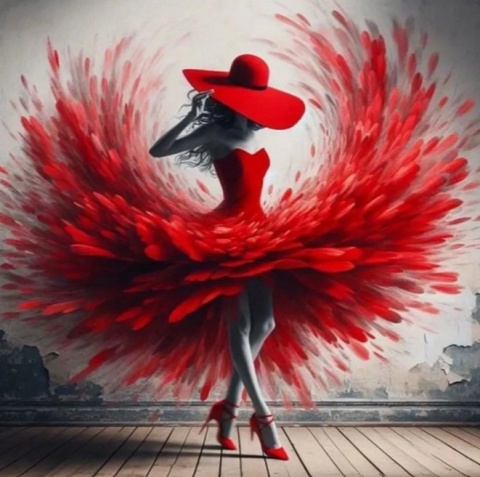 Haft Diamentowy Mozaika Diamond Painting Malowanie Diamentami Kobieta w Kapeluszu Czerwona Sukienka