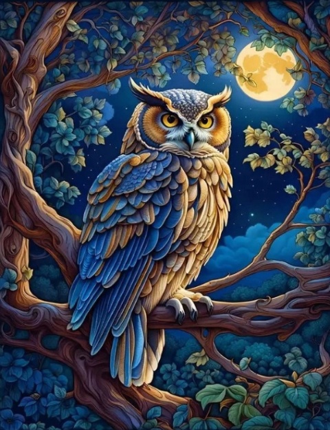 Haft Diamentowy Mozaika Diamond Painting Mozaika Sowa Pełnia Księżyc Noc