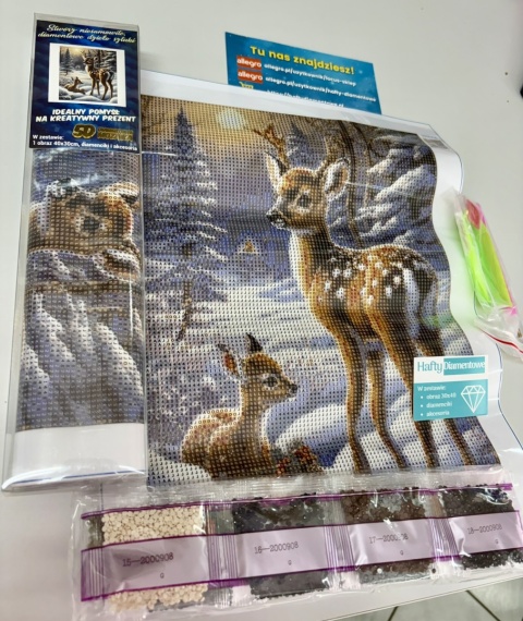 Haft Diamentowy Zima Sarenka Śnieg Choinka Las Mozaika Diamond Painting Zestaw 5D