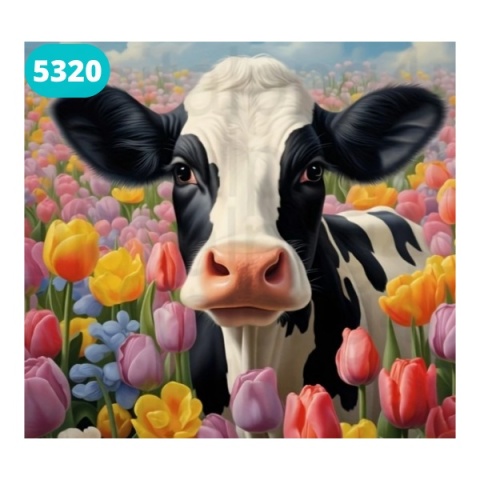 Haft Diamentowy Mozaika Diamond Painting Krowa Kwiaty Tulipany