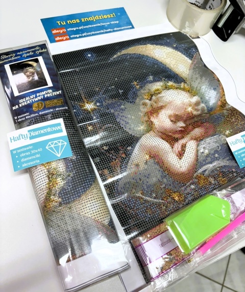 Haft Diamentowy Aniołek Chrzest Księżyc Mozaika Diamond Paiting 30x40cm