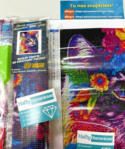 Haft Diamentowy Kwiaty Kot Kotek Mozaika Diamond Paiting Zestaw 30x40cm