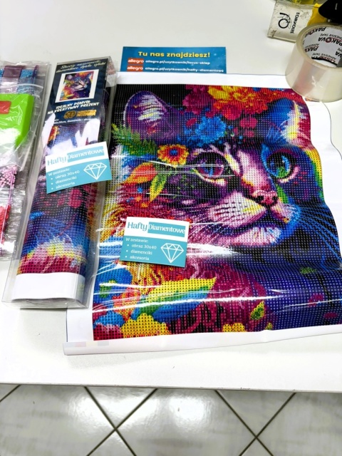 Haft Diamentowy Kwiaty Kot Kotek Mozaika Diamond Paiting Zestaw 30x40cm