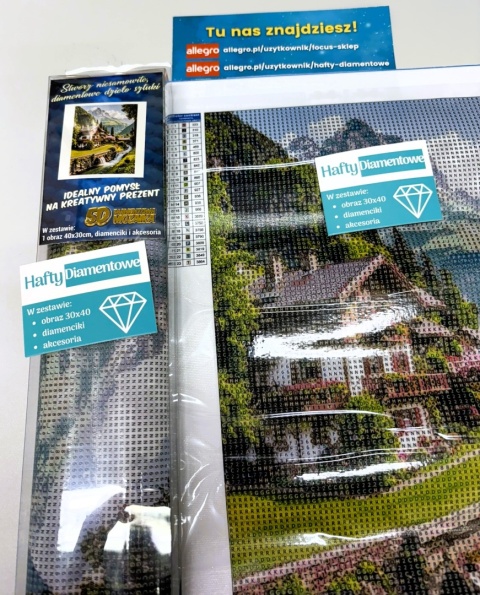 Haft Diamentowy Mozaika Diamond Painting Góry Domek Krajobraz Wodospad