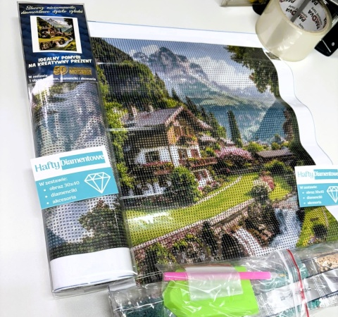 Haft Diamentowy Mozaika Diamond Painting Góry Domek Krajobraz Wodospad