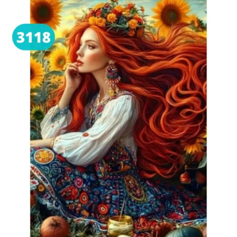 Haft Diamentowy Mozaika Diamond Painting Kobieta Kwiaty Słoneczniki Wianek