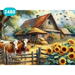 Haft Diamentowy Mozaika Diamond Painting Malowanie Diamentami Farma Wieś Kwiaty Krowa Słoneczniki