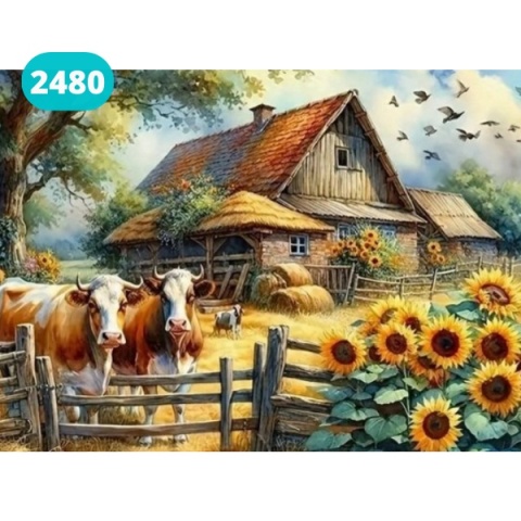Haft Diamentowy Mozaika Diamond Painting Malowanie Diamentami Farma Wieś Kwiaty Krowa Słoneczniki