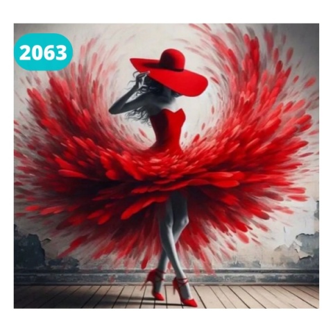 Haft Diamentowy Mozaika Diamond Painting Malowanie Diamentami Kobieta w Kapeluszu Czerwona Sukienka