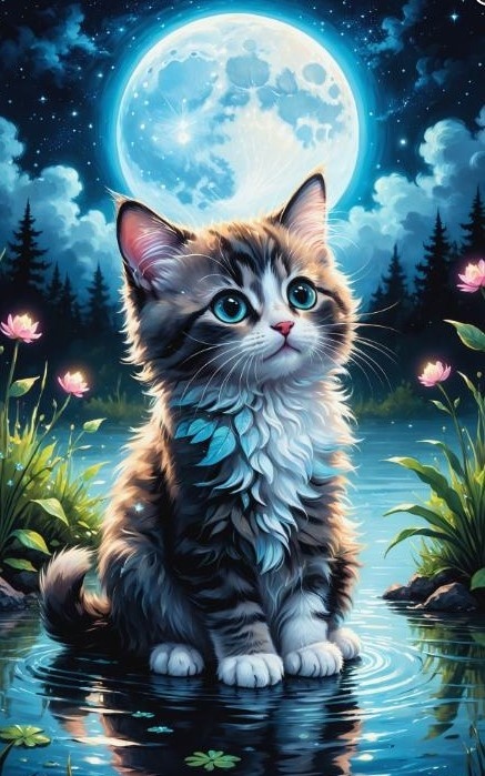 Haft Diamentowy Mozaika Diamond Painting Kotek Księżyc Pełnia Dla Dzieci