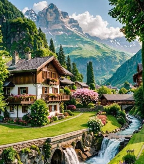 Haft Diamentowy Mozaika Diamond Painting Góry Domek Krajobraz Wodospad