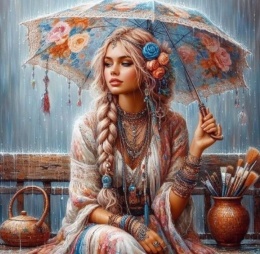 Haft Diamentowy Mozaika Diamond Painting Kobieta Parasol Ławka