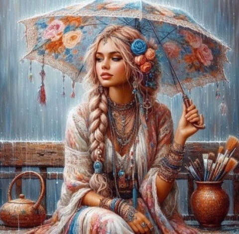 Haft Diamentowy Mozaika Diamond Painting Kobieta Parasol Ławka