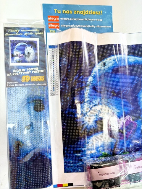 Haft Diamentowy Wilk Kwiaty Pełnia Księżyc Mozaika Diamond Paiting Zestaw