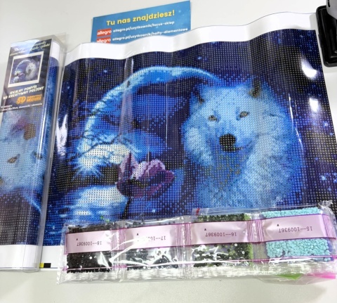 Haft Diamentowy Wilk Kwiaty Pełnia Księżyc Mozaika Diamond Paiting Zestaw