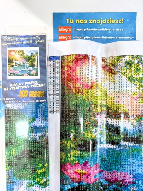HAFT DIAMENTOWY WODOSPAD ŁABĘDZIE KWIATY KRAJOBRAZ MOZAIKA DIAMOND PAITING
