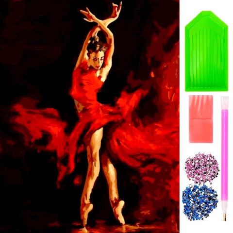Haft Diamentowy Baletnica Tancerka Czerwona Sukienka Kobieta Mozaika Diamond Painting Zestaw