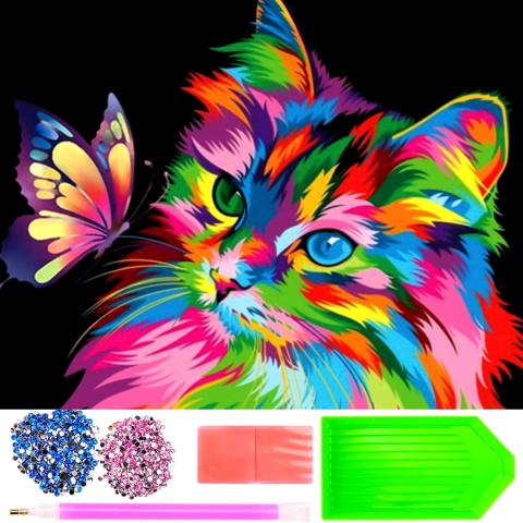 Haft Diamentowy Mozaika Diamond Painting Kotek Kot Kolorowy 30x40cm Zestaw